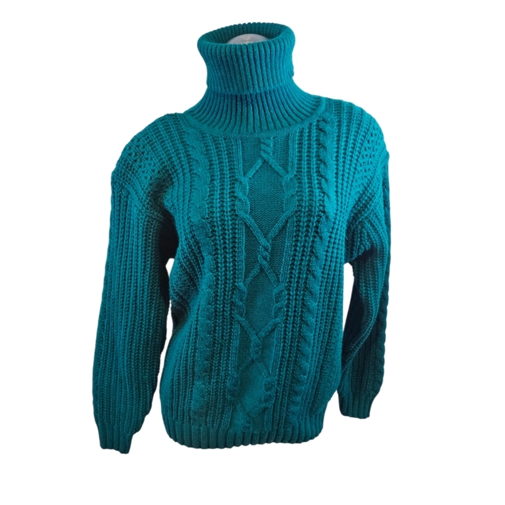 Ellemenno Size S Teal Cable Knit Oversized Turtleneck Sweater